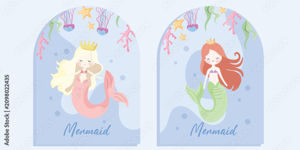 Fototapeta premium Cute Mermaid Princess Greeting Cards Set with Blonde and Red Haired Mermaids, Underwater Cartoon Vector Illustration