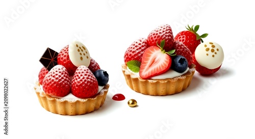 Japanese design, mini strawberry tarts, featuring artful arrangement and a dusting of powdered sugar, in a palette of vibrant red, pure white, gold