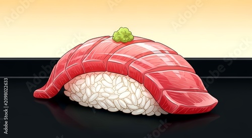 chutoro (medium-fatty tuna) nigiri at a traditional sushi counter, featuring slightly warm, loosely packed shari (sushi rice), a single wasabi on the fish