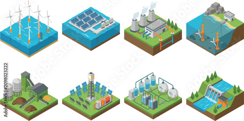 Set of isometric energy generation facilities including wind, solar, hydro, and thermal power plants