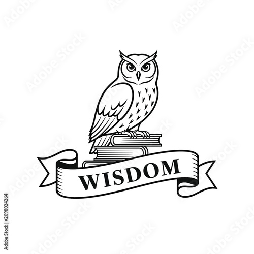 Vintage style owl perched on a stack of books with a wisdom ribbon banner.