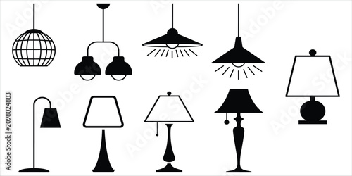 Fotografía Collection of various lamp silhouettes including chandeliers and table lamps lig