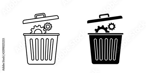Foto Trash can with gears icon set mechanical maintenance cleaning obsolete industria