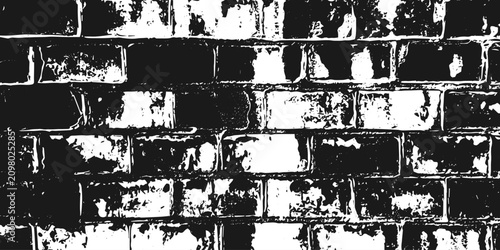 Monochrome brick wall vector pattern featuring distressed urban surface texture with heavy grunge grit noise effect for industrial background design and weathered architectural graphic elements 