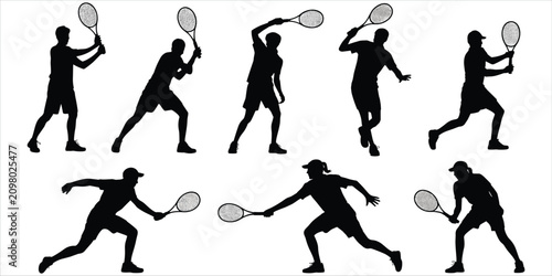 Obraz na plátně Silhouette Collection of Tennis Players in Action Poses with Rackets Keywords: t