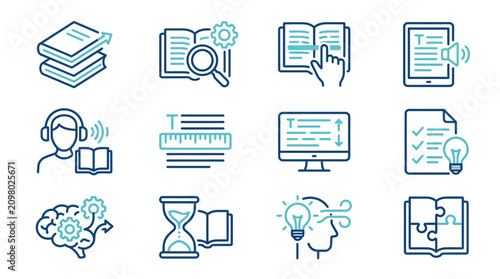 Professional Minimalist Icons Set Featuring Learning Reading and Cognitive Processes in Blue and Dark Blue