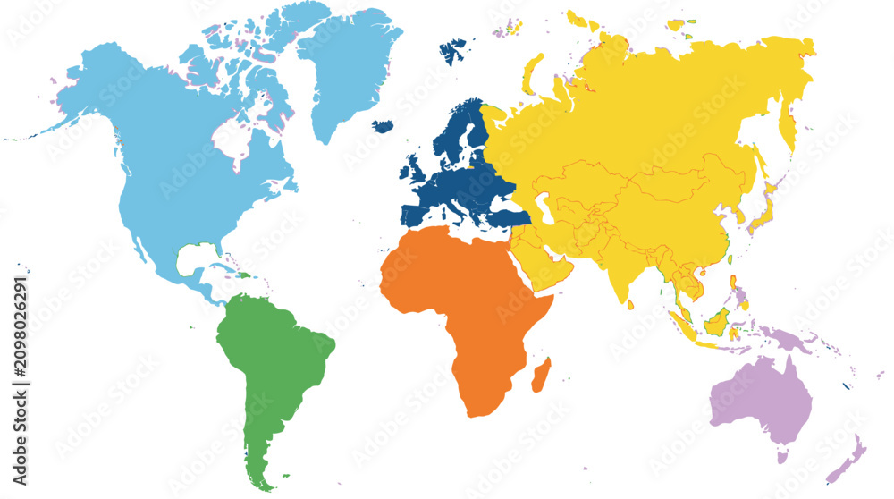 Fototapeta premium A colorful stylized world map illustration featuring distinct continents in different solid colors.