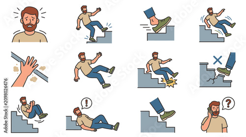 Quadro su tela A collection of illustrated icons depicting a man experiencing various accidents and falls on a staircase