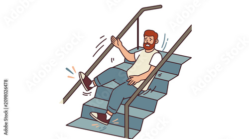Quadro su tela A man with a beard falling down a flight of stairs in a cartoon style