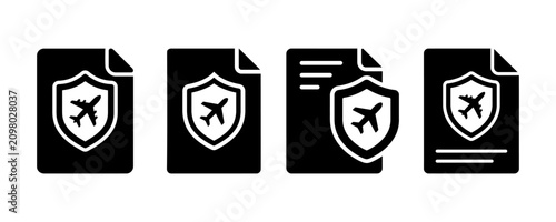 Set of travel insurance document icons with airplane and protective shield insurance document protection airplane security contract vacation