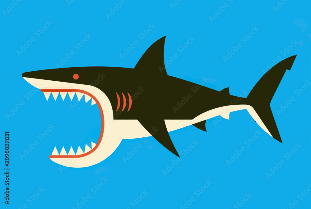 Obraz premium Aggressive Shark with Open Mouth and Sharp Teeth, Flat Design, Isolated on Blue