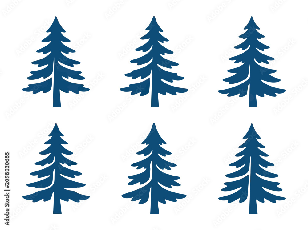 Obraz premium Six Blue Christmas Tree Silhouettes Isolated on White Background