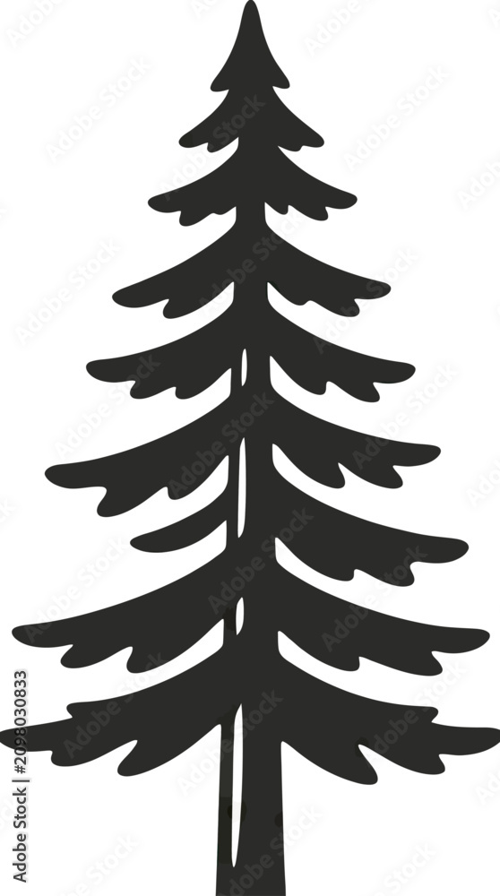 Obraz premium Black silhouette of a tall evergreen pine tree, isolated on white background.