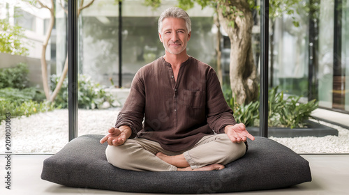 Mature man in lotus position meditating on cushion in modern courtyard with glass walls and plants. Peaceful mindfulness and wellness practice in contemporary architectural setting.