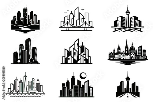 Cityscape Icons: Modern and Classic Buildings, Skylines, Bridges, and Landmarks