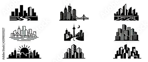 Cityscape Icons: Modern Skyscrapers, Bridges, and Sunsets - Vector Graphics