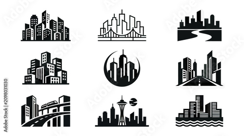 Modern City Skyline Icons Collection, Black and White Urban Architecture Silhouettes