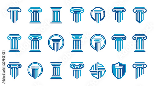 Collection of Blue Greek Ionic Columns Icons, Symbols, and Logos