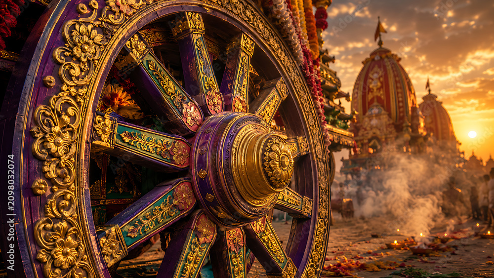 Obraz premium Stunning purple gold wooden chariot wheel surrounded by sacred festive smoke during a beautiful sunset at the jagannath rath yatra and rath yatra