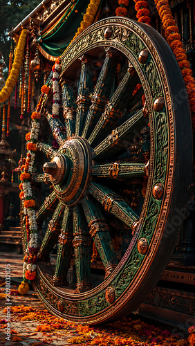 Huge green intricately carved wooden wheel decorated with beautiful fresh flower garlands for the famous religious jagannath rath yatra festival and rath yatra