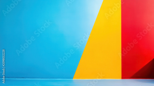 Bright primary colors create vibrant and energetic atmosphere with blue, yellow, and red walls. This colorful backdrop enhances creativity