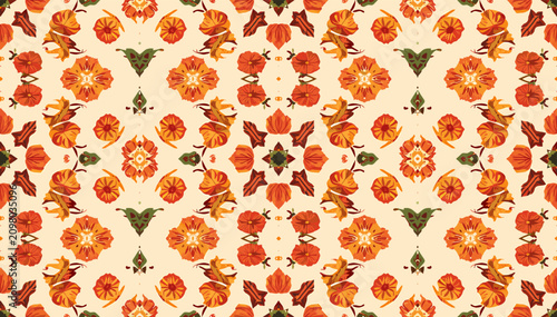 Konstfotografi A vibrant seamless kaleidoscopic pattern featuring stylized orange and brown floral motifs on a cream background, creating a decorative and intricate textile design