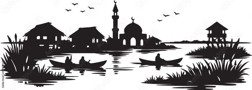 Obraz premium Village Mosque Riverside Fishing Scene 