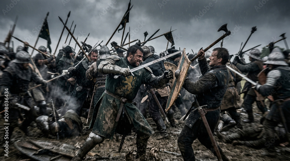 Fototapeta premium Medieval Battle Fury: Knights in full armor clash swords amidst a chaotic battlefield, banners flying and smoke rising, capturing the raw intensity of ancient warfare.
