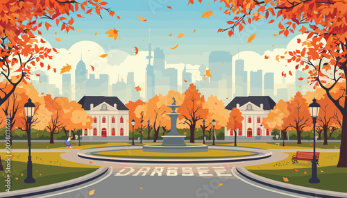 Vibrant autumn park scene with a central fountain, classic buildings, and a distant city skyline under falling orange leaves.