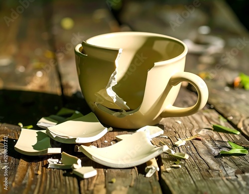 A shattered ceramic cup sits on a weathered wooden surface, with broken shards scattered around it in sunlight