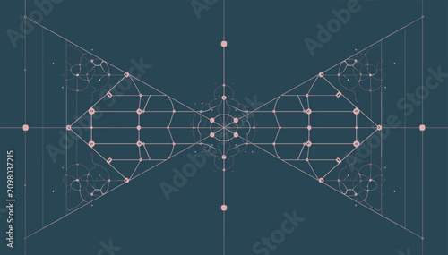 Fotografie Intricate symmetrical geometric design resembling a bow-tie or hourglass shape with interconnected lines, dots, and fractal elements on a dark teal background