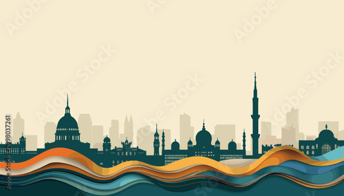 Foto Stylized silhouette of a diverse city skyline featuring traditional domes, minarets, and modern buildings, set against a light background with abstract wavy patterns in orange and blue
