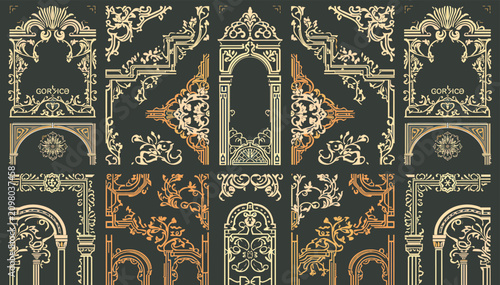 Collection of intricate vintage decorative design elements, featuring ornate scrolls, arches, and borders in a classic baroque style, ideal for elegant graphic resources.