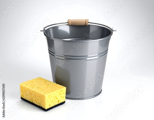 A shiny metallic container with a wooden handle rests next to a porous, rectangular yellow absorbent pad, both on a white surface