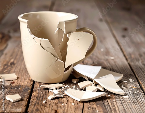 A shattered ceramic mug lies on a weathered wooden surface, with broken pieces scattered around, conveying a sense of destruction