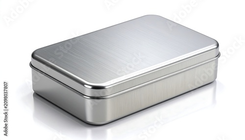 A shiny, metallic rectangular container, with a hinged lid. The surface reflects light. It sits on a bright, white surface