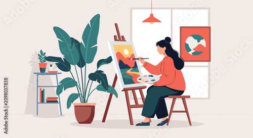 Female artist sitting on a wooden stool and painting a colorful mountain landscape on an easel in her studio.