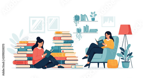Two young women enjoying reading books in a cozy library room with large stacks of colorful textbooks around them.