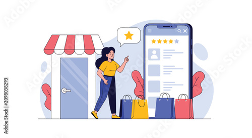Female shopper checking online store reviews and star ratings on a giant smartphone next to a storefront.