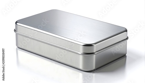 A shiny, silver rectangular container. The box is made of metal and has a clean, reflective surface with a slight reflection below