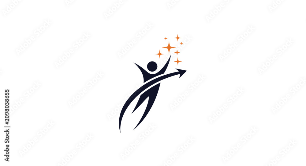 Fototapeta premium Dynamic abstract corporate logo of a rising human figure jumping toward success with bright stars and arrow.
