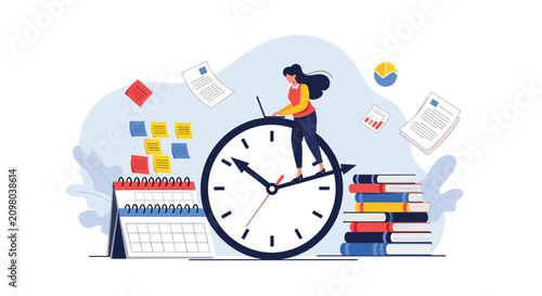 Successful time management and multitasking concept with businesswoman working on top of large alarm clock.