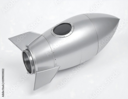 A shiny silver spacecraft model, resting against a neutral white backdrop, is seen in a slightly angled, elevated viewpoint