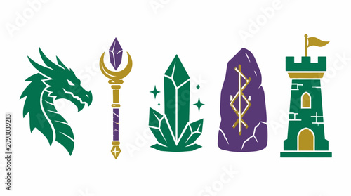 Photos Fantasy game icons featuring dragon and magic items.
