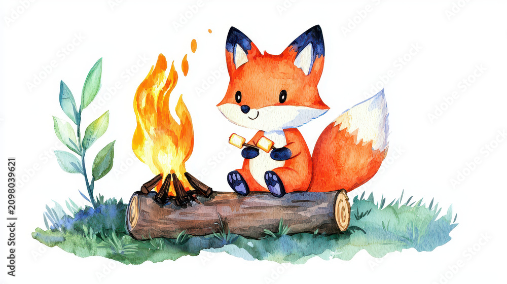 Fototapeta premium Cute fox character sitting by campfire, roasting marshmallows. scene features vibrant colors, cozy atmosphere, and natural elements like grass