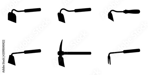 Foto Garden Tools Collection: Hoes, Pickaxe, Cultivator Silhouettes for Agriculture a