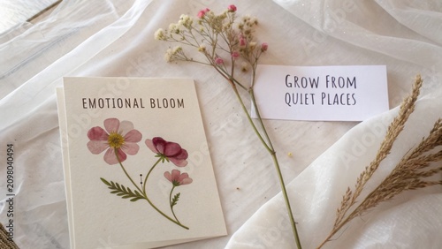 Vintage Floral Card Design with Hand-painted Flowers and Uplifting Quote on Soft Fabric Background