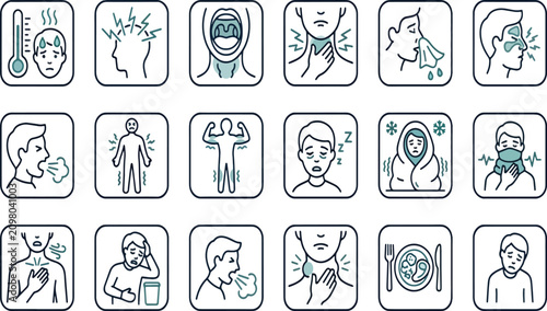 Fotografi Collection of icons illustrating various common illness symptoms and health conc