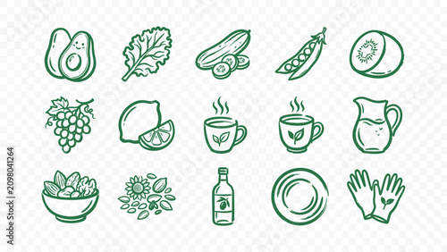 Cuadro en lienzo organic food and green vegetables doodle handmade ink scribble flat line art vec