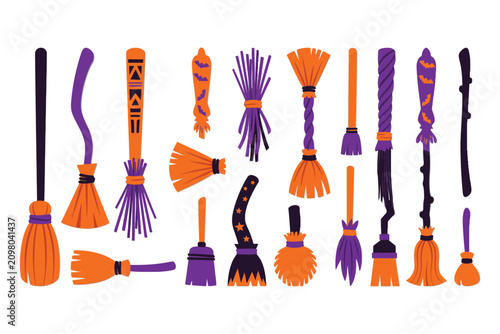 Photos Colorful halloween witch brooms collection spooky broomsticks for festive decora